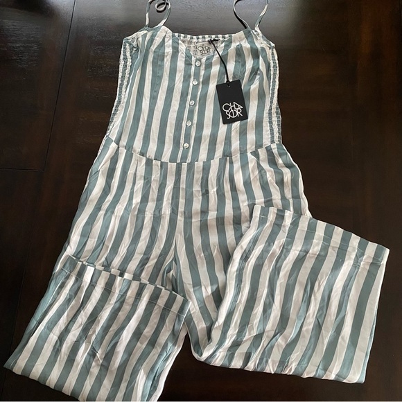Chaser Pants - CHASER  NWT Green Summer Stripped Button up Jumpsuit Smocked Silky fabric Medium